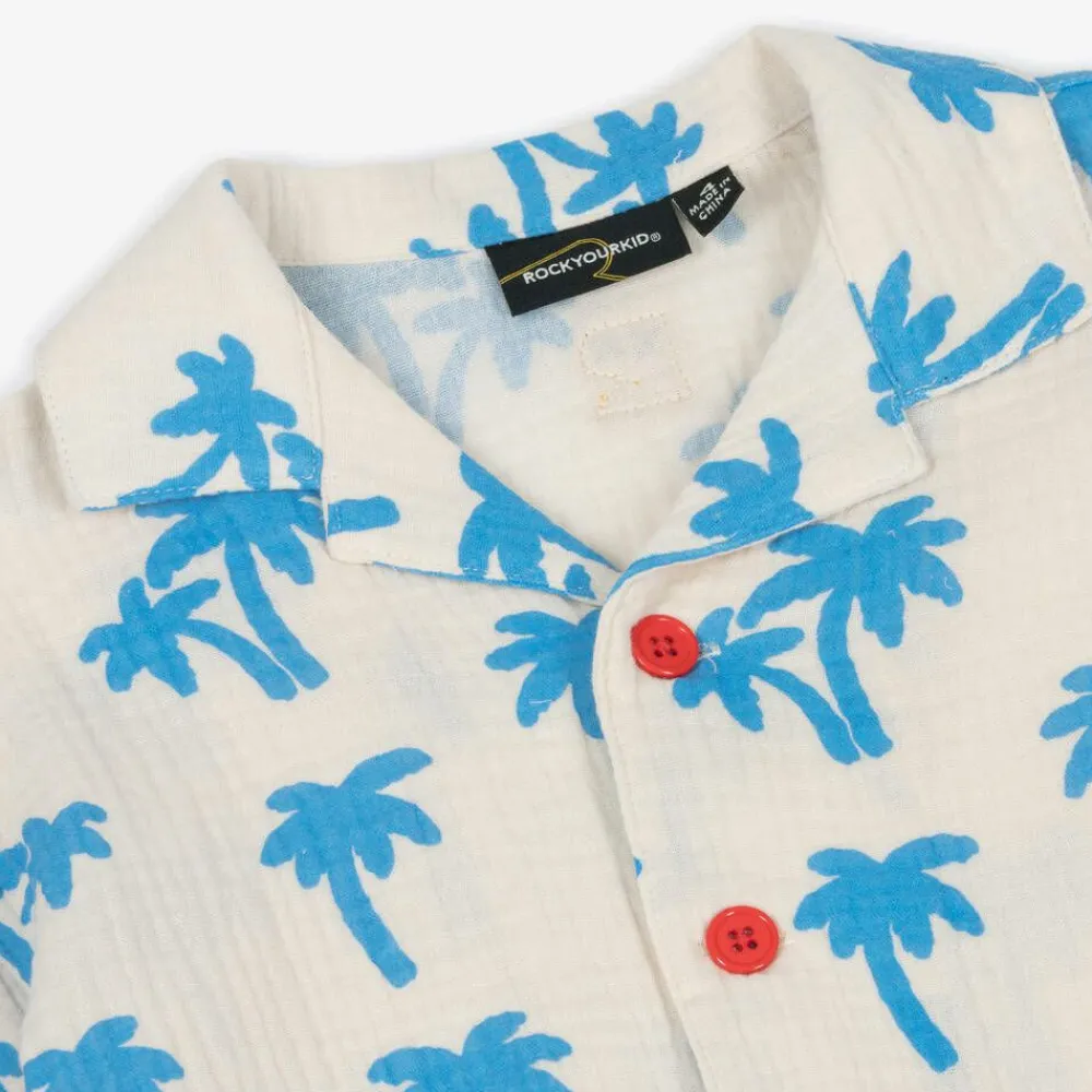 Rock Your Baby Tops*Boys Ivory Cotton Palm Tree Shirt