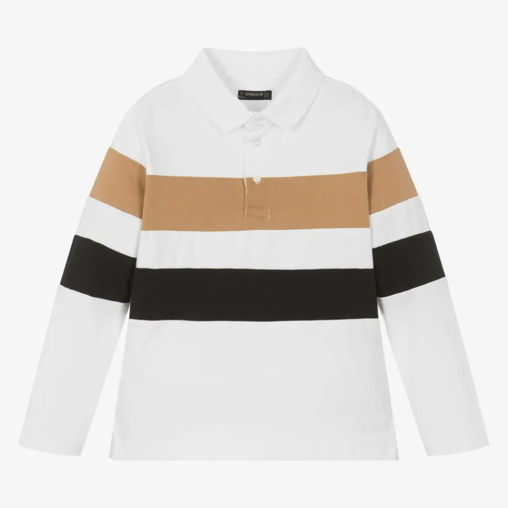 Mayoral Tops*Boys Ivory Stripe Cotton Polo Shirt