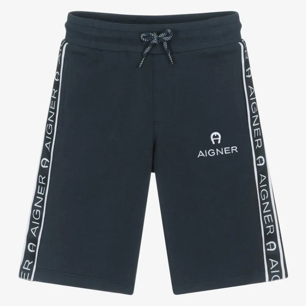 AIGNER Shorts*Boys Navy Blue Cotton Logo Tape Shorts
