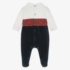 Emile et Rose Babysuits*Boys Navy Blue Velour Tartan Babygrow