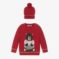 Dr. Kid Tops*Boys Red Knitted Bear Sweater & Hat Set