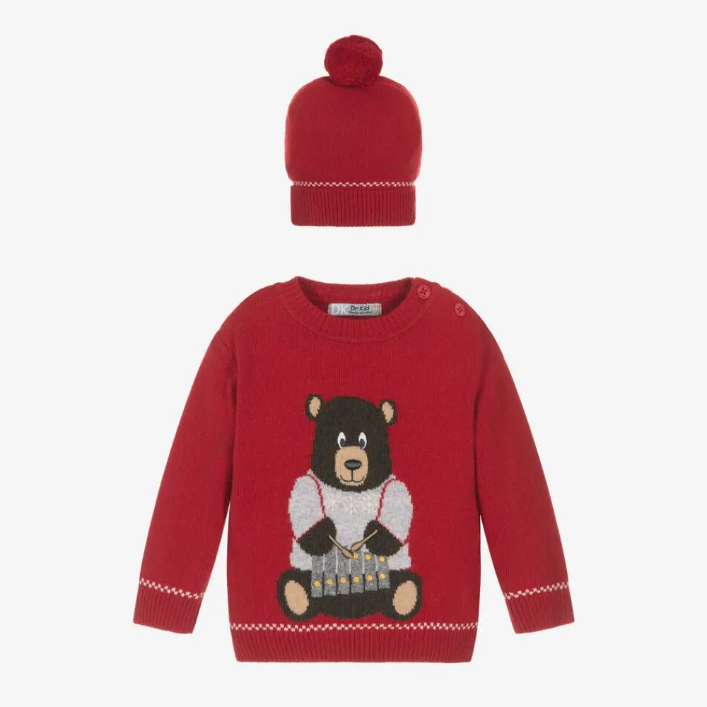 Dr. Kid Tops*Boys Red Knitted Bear Sweater & Hat Set