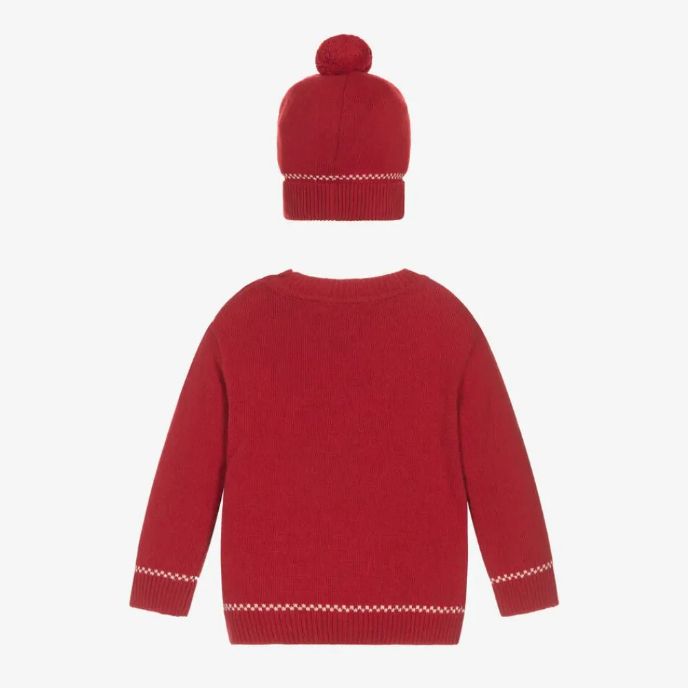 Dr. Kid Tops*Boys Red Knitted Bear Sweater & Hat Set