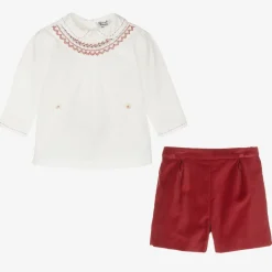Sarah Louise Outfit Sets|Outfit Sets*Boys Red Velvet Hand-Smocked Buster Suit
