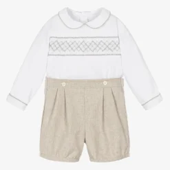 Kidiwi Outfit Sets*Boys White & Beige Cotton Buster Suit