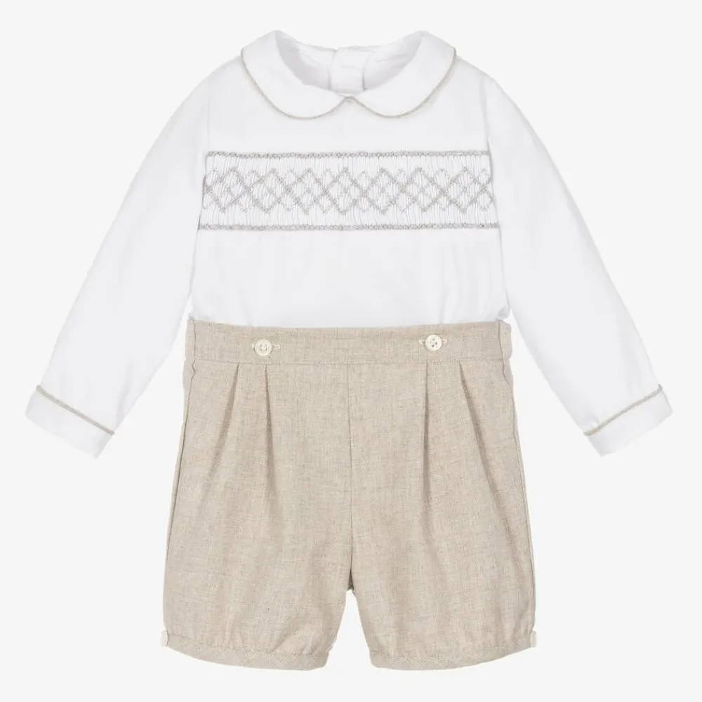 Kidiwi Outfit Sets*Boys White & Beige Cotton Buster Suit