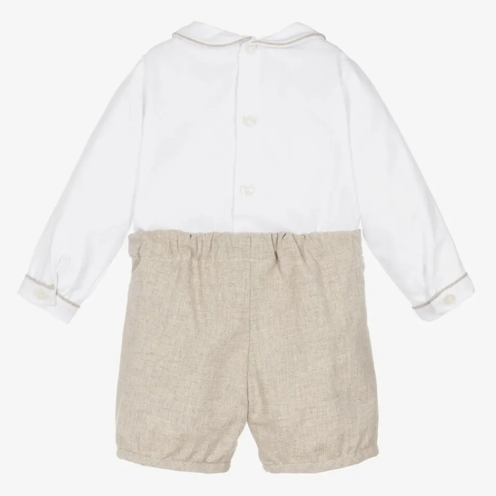 Kidiwi Outfit Sets*Boys White & Beige Cotton Buster Suit