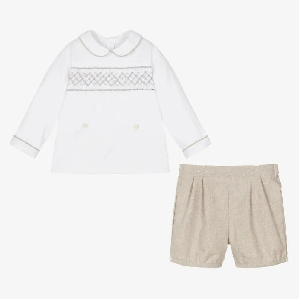 Kidiwi Outfit Sets*Boys White & Beige Cotton Buster Suit