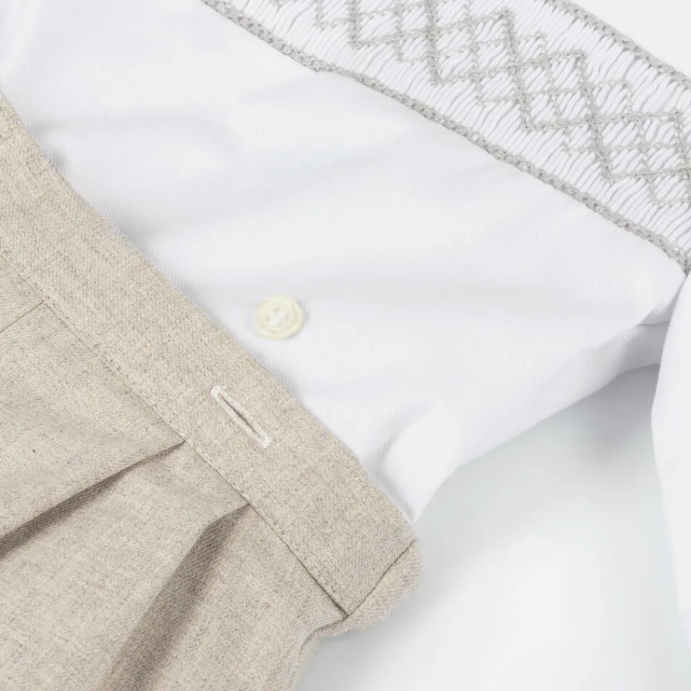 Kidiwi Outfit Sets*Boys White & Beige Cotton Buster Suit