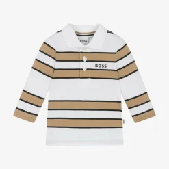 BOSS Tops*Boys White & Beige Striped Cotton Polo Shirt