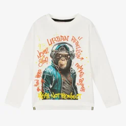 Boboli Tops*Boys White Cotton Slogan Monkey Top
