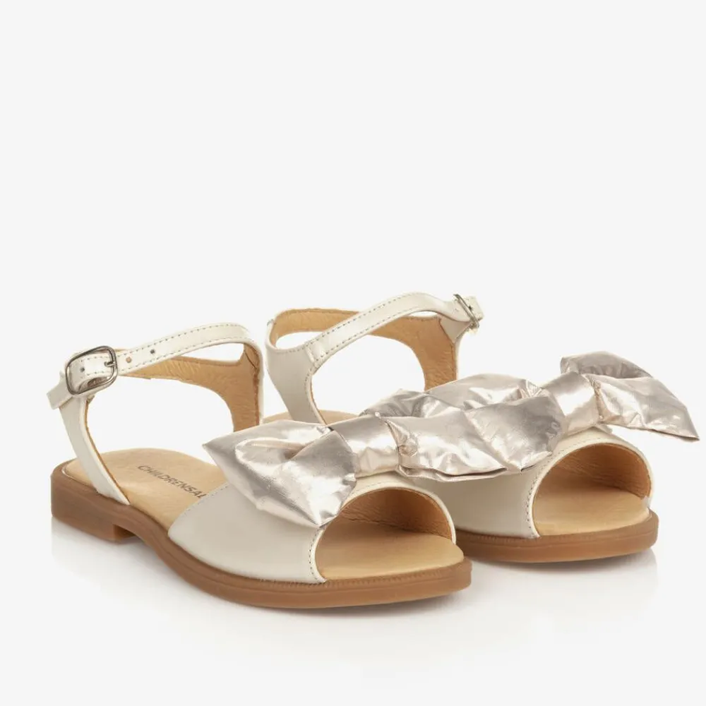 Childrensalon Occasions Sandals*Girls Beige & Gold Satin Bow Sandals Silver