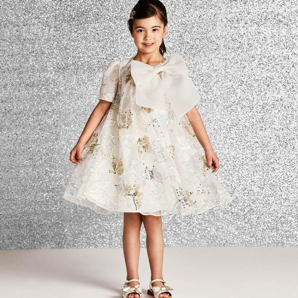 Childrensalon Occasions Sandals*Girls Beige & Gold Satin Bow Sandals Silver