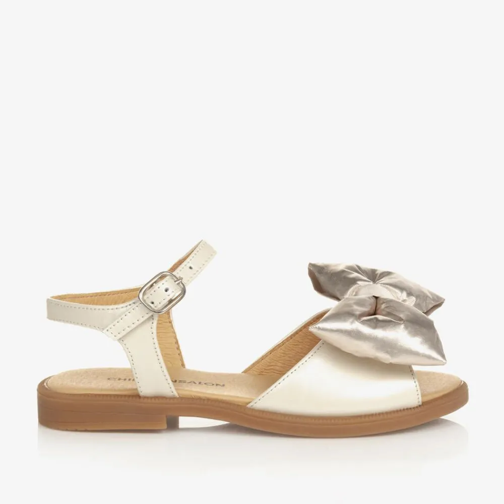 Childrensalon Occasions Sandals*Girls Beige & Gold Satin Bow Sandals Silver