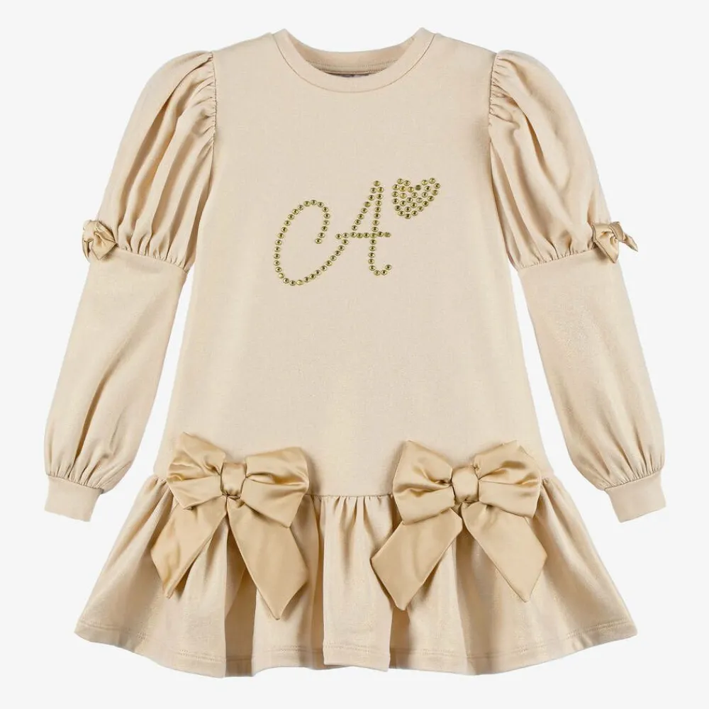 A Dee Dresses*Girls Beige Cotton Bow Dress