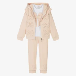 Caramelo Kids Tracksuits*Girls Beige Cotton Bow Tracksuit Set