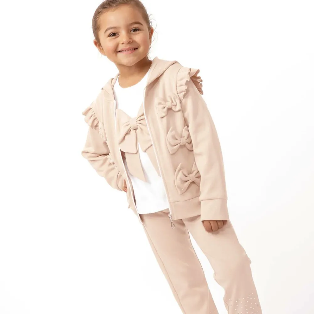 Caramelo Kids Tracksuits*Girls Beige Cotton Bow Tracksuit Set