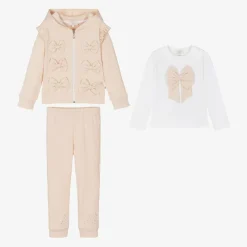Caramelo Kids Tracksuits*Girls Beige Cotton Bow Tracksuit Set