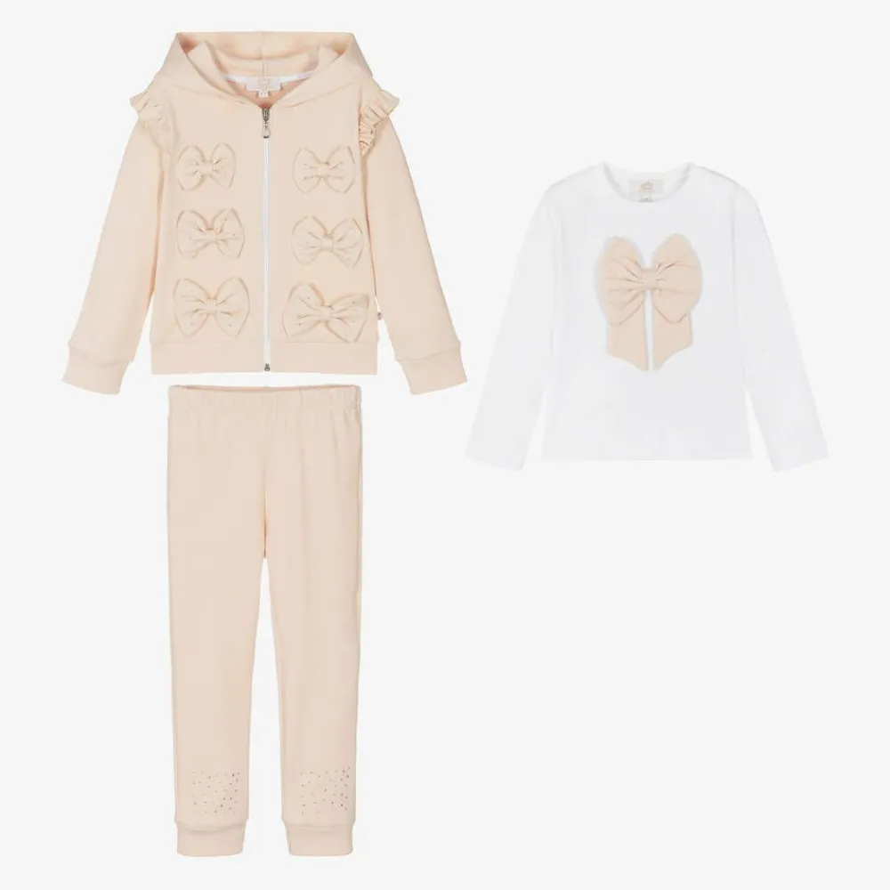 Caramelo Kids Tracksuits*Girls Beige Cotton Bow Tracksuit Set