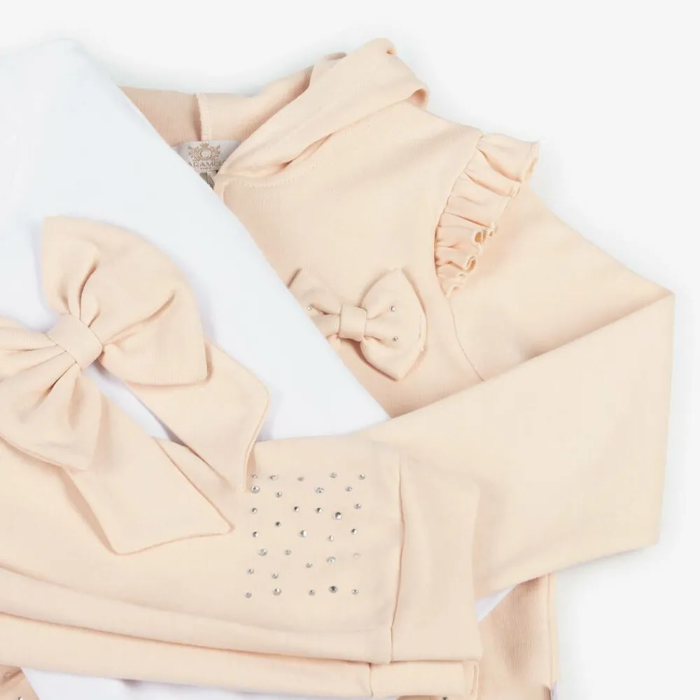 Caramelo Kids Tracksuits*Girls Beige Cotton Bow Tracksuit Set