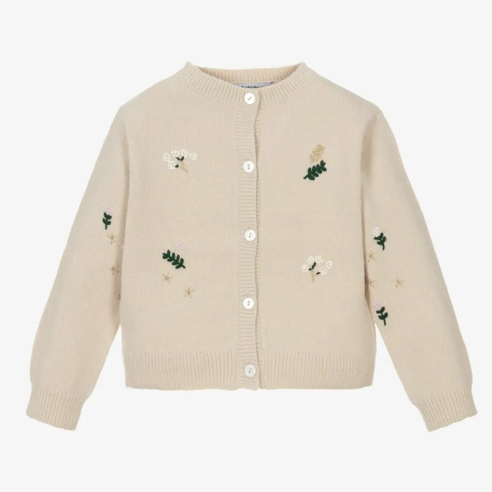 Babidu Tops*Girls Beige Embroidered Flowers Cardigan