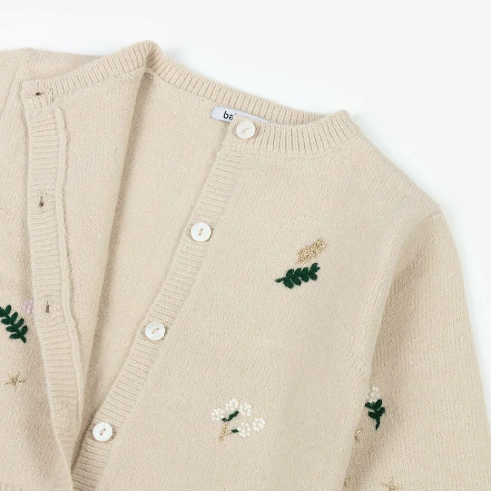 Babidu Tops*Girls Beige Embroidered Flowers Cardigan