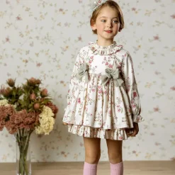 Abuela Tata Dresses*Girls Beige Floral Print Cotton Dress