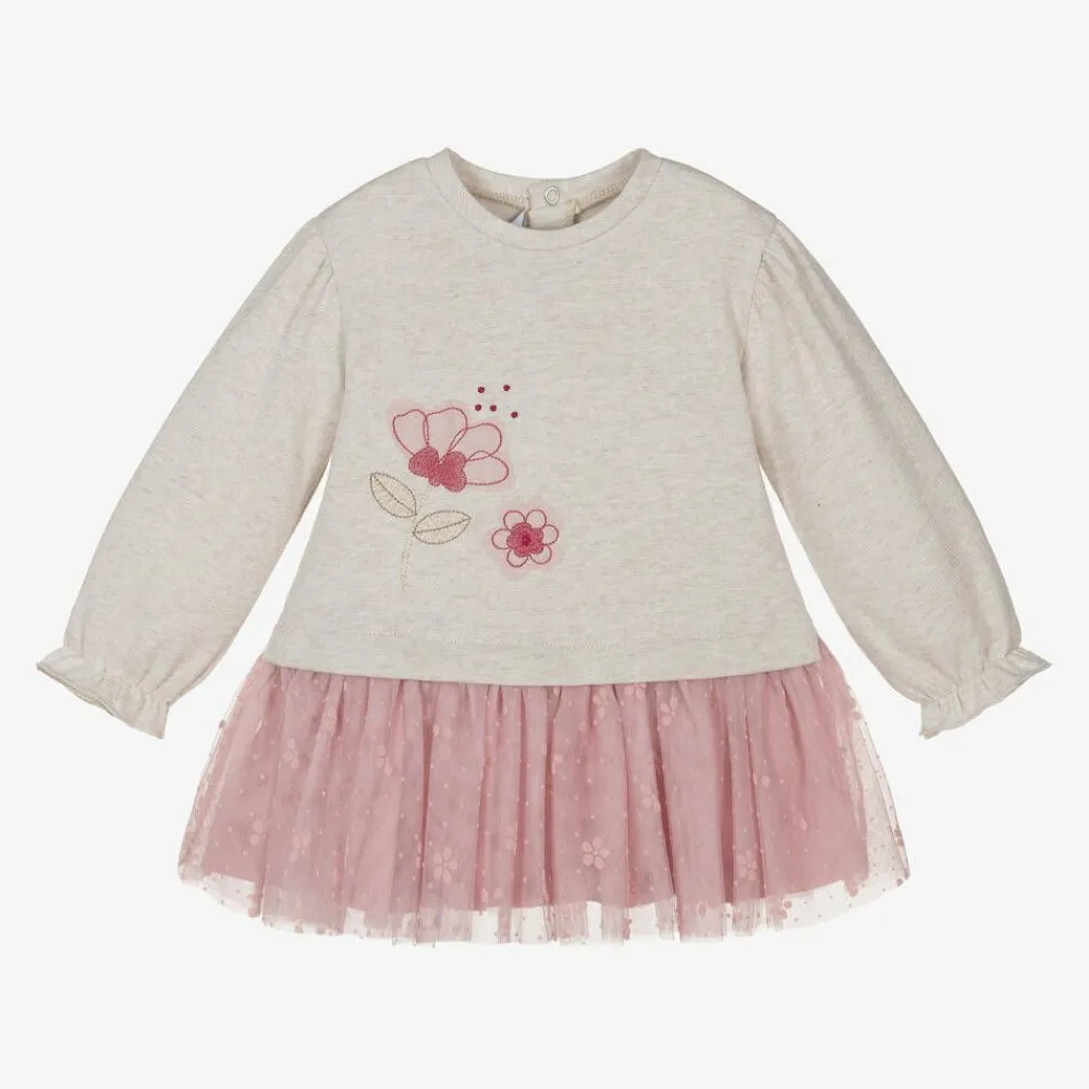 Mayoral Dresses*Girls Beige Jersey & Tulle Dress