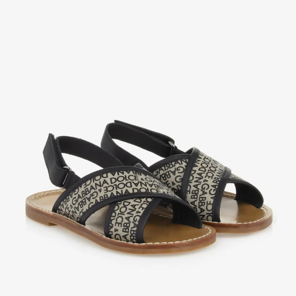 Dolce amp; Gabbana Sandals|Sandals*Girls Beige Printed Canvas Velcro Sandals