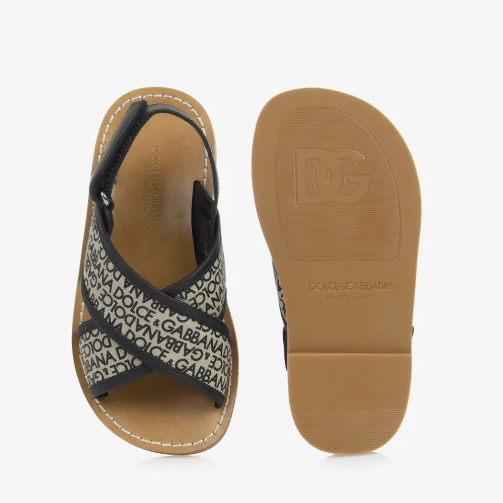 Dolce amp; Gabbana Sandals|Sandals*Girls Beige Printed Canvas Velcro Sandals