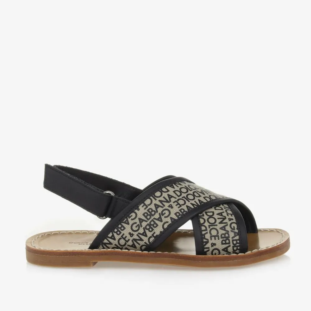 Dolce amp; Gabbana Sandals|Sandals*Girls Beige Printed Canvas Velcro Sandals