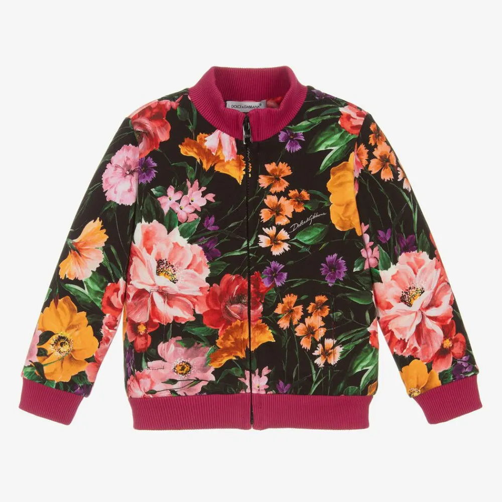 Dolce amp; Gabbana Tops*Girls Black Cotton Floral Zip-Up Top