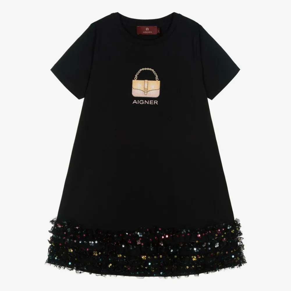 AIGNER Dresses*Girls Black Cotton Handbag Print Dress