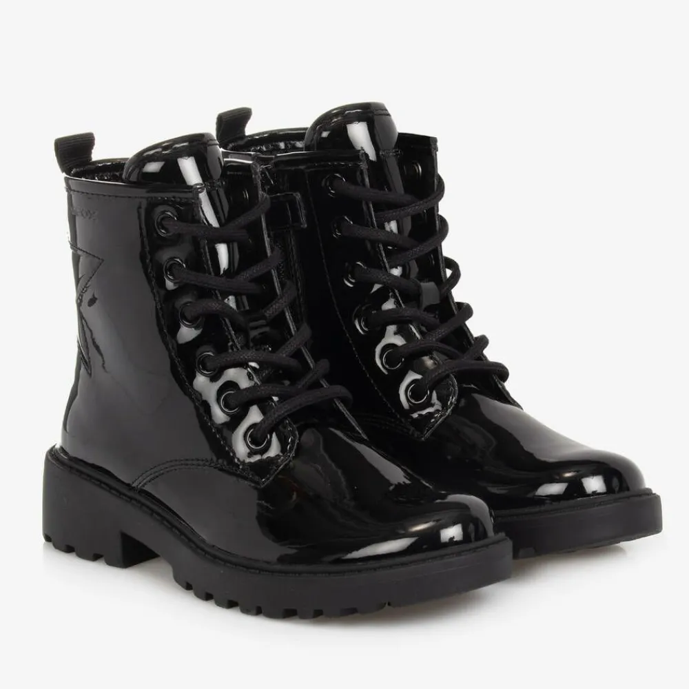 Geox Boots*Girls Black Lace-Up Patent Boots