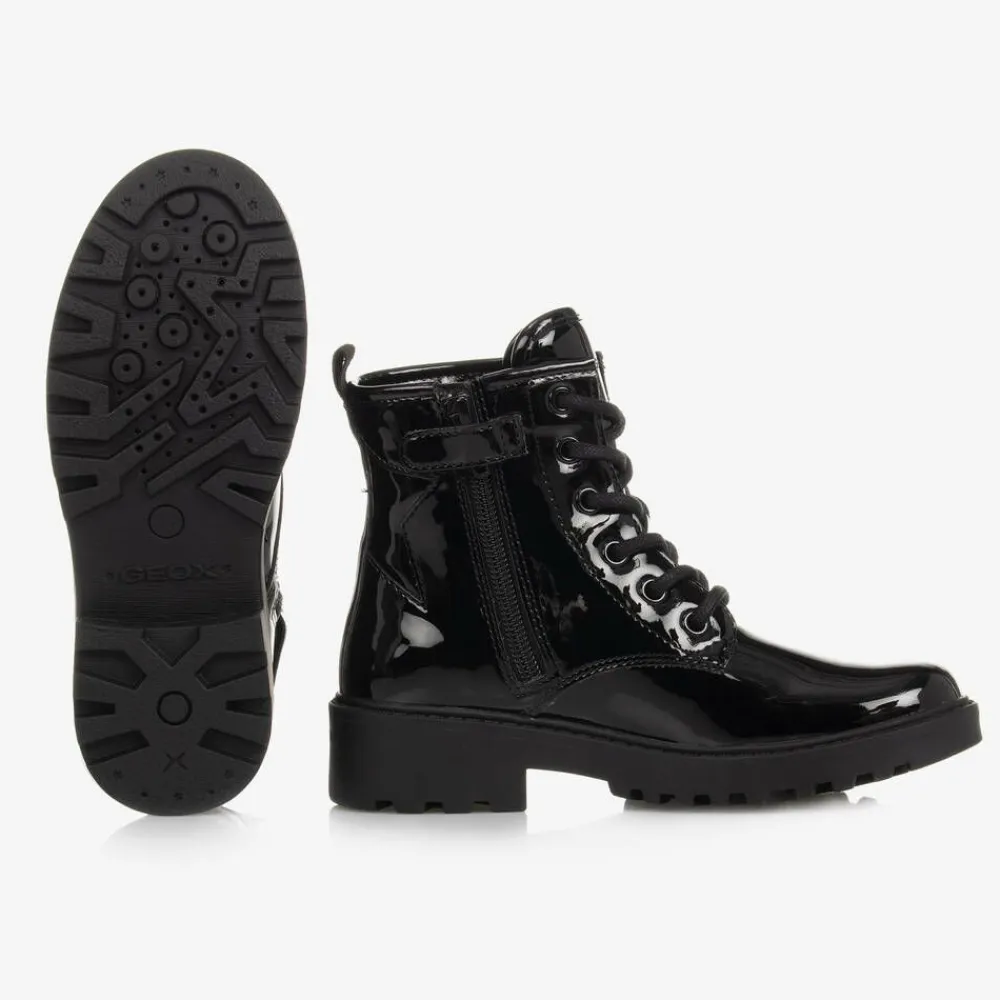 Geox Boots*Girls Black Lace-Up Patent Boots