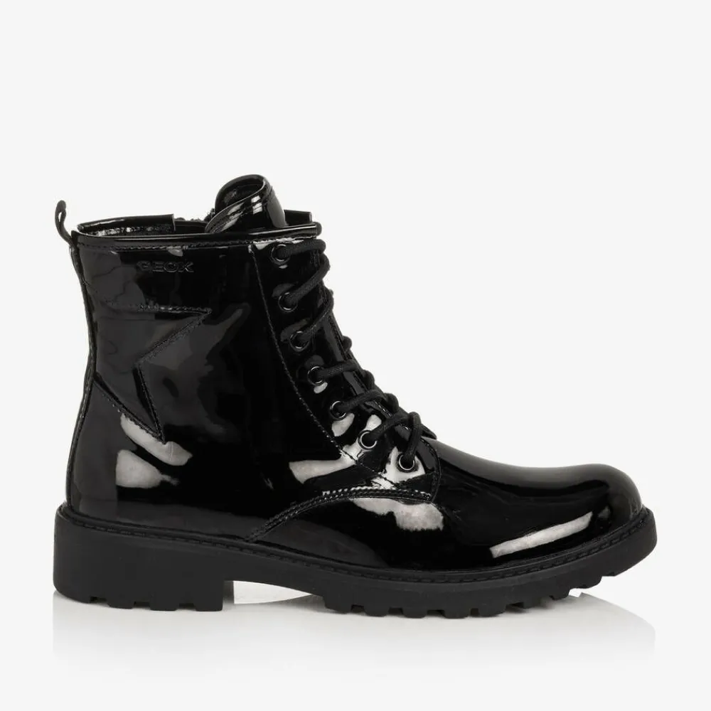 Geox Boots*Girls Black Lace-Up Patent Boots