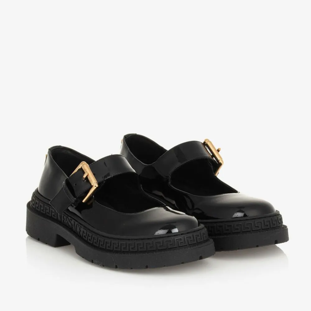 Versace Bar Shoes|Bar Shoes*Girls Black Leather Greca Bar Shoes