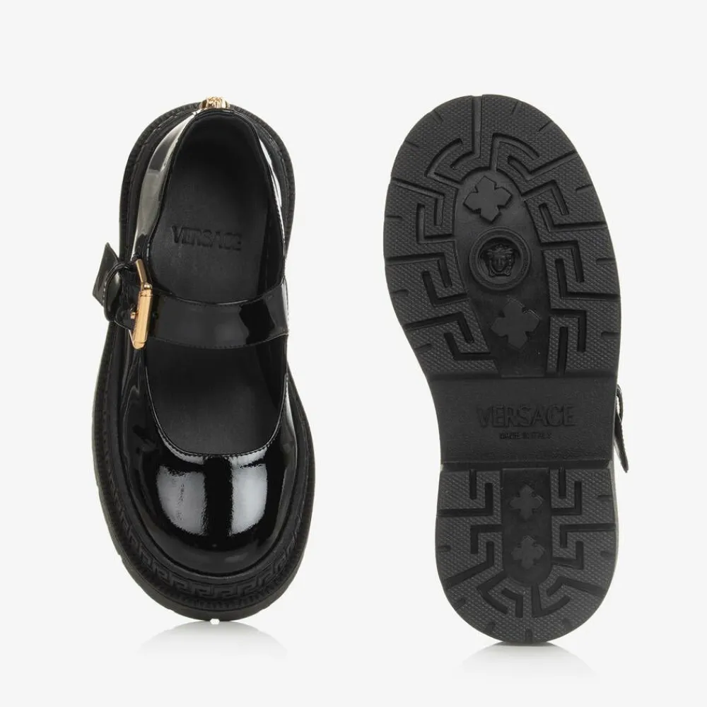 Versace Bar Shoes|Bar Shoes*Girls Black Leather Greca Bar Shoes