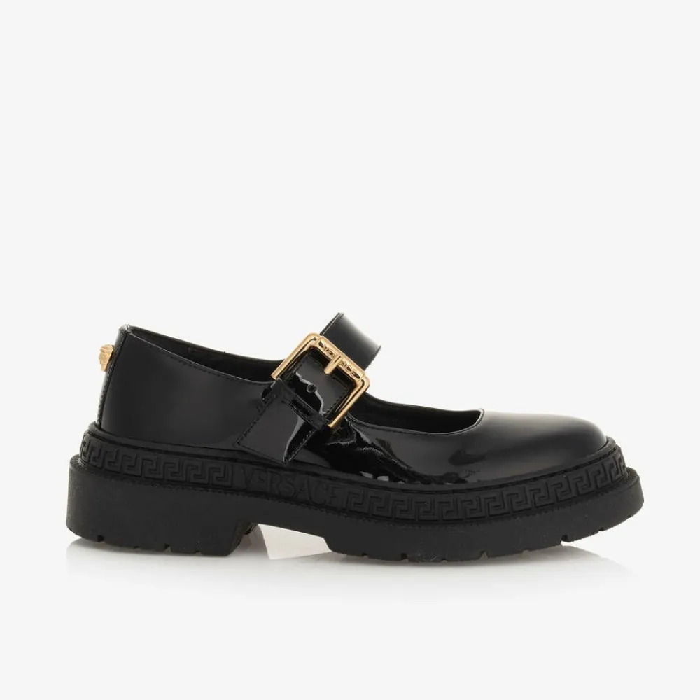 Versace Bar Shoes|Bar Shoes*Girls Black Leather Greca Bar Shoes