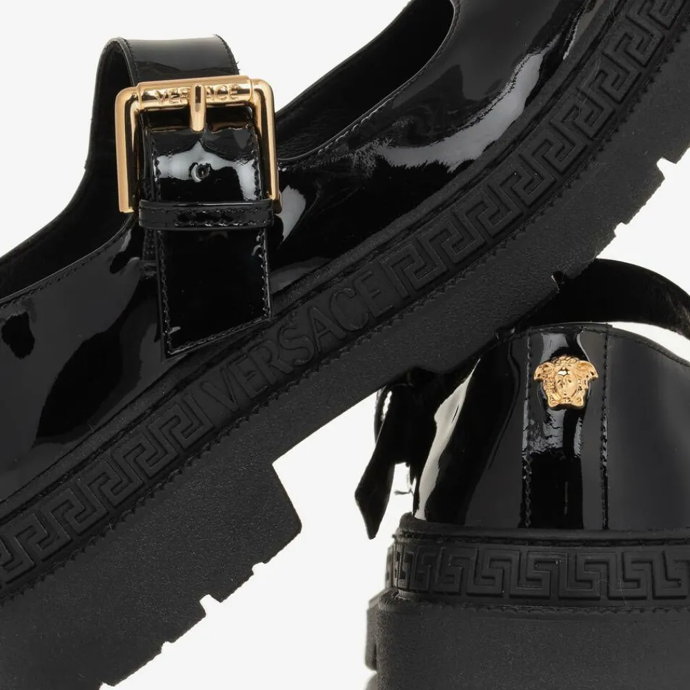 Versace Bar Shoes|Bar Shoes*Girls Black Leather Greca Bar Shoes
