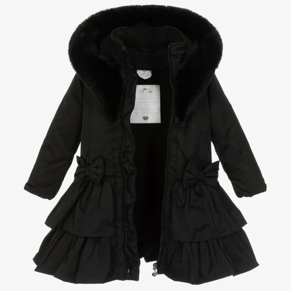 A Dee Coats & Jackets*Girls Black Padded Ruffle Hooded Coat