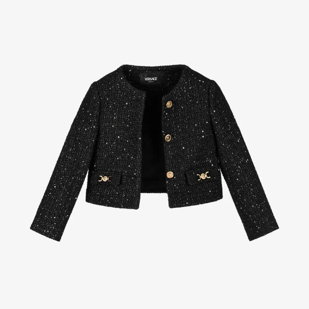 Versace Coats & Jackets*Girls Black Sequinned Tweed Jacket