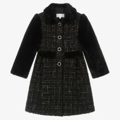 Patachou Coats & Jackets*Girls Black Tweed & Faux Fur Coat