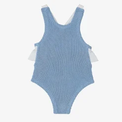 Hunza G Swimwear*Girls Blue Crinkle Frill Swimsuit Cornflower