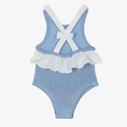 Hunza G Swimwear*Girls Blue Crinkle Frill Swimsuit Cornflower