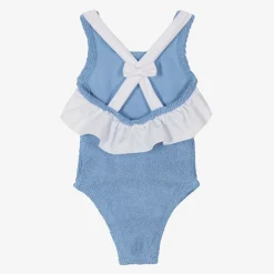 Hunza G Swimwear*Girls Blue Crinkle Frill Swimsuit Cornflower