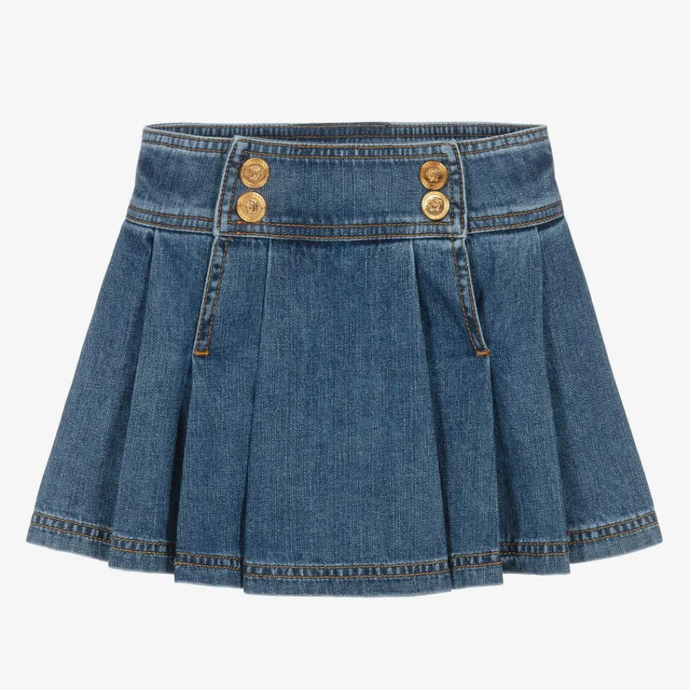 Versace Skirts*Girls Blue Denim Medusa Buttons Skirt