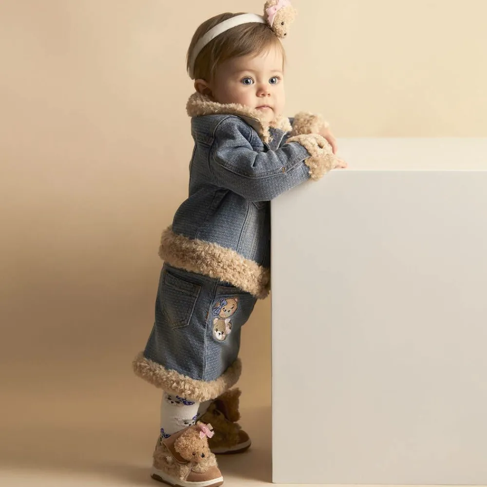 Monnalisa Coats & Jackets*Girls Blue Denim Teddy Bear Jacket
