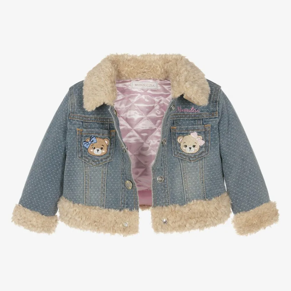 Monnalisa Coats & Jackets*Girls Blue Denim Teddy Bear Jacket
