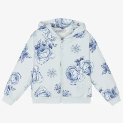 Monnalisa Tops*Girls Blue Floral Cotton Zip-Up Hoodie